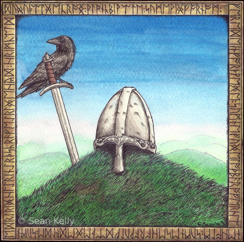 wanderer anglo saxon viking norse poetry mound barrow crow raven sword helmet spangenhelm dark age viking age hero ancestor fantasy pagan art inks sean kelly odinns grove