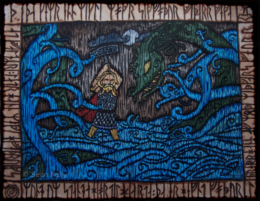 thor thorr thunor fighting slaying jormungandr jormungand world serpent serpent slaying ragnorok winter urnes art watercolour inks viking norse art medieval myth mythology pagan paganism edda waves sea dragon mjolnir sean kelly odinns grove runes futhark