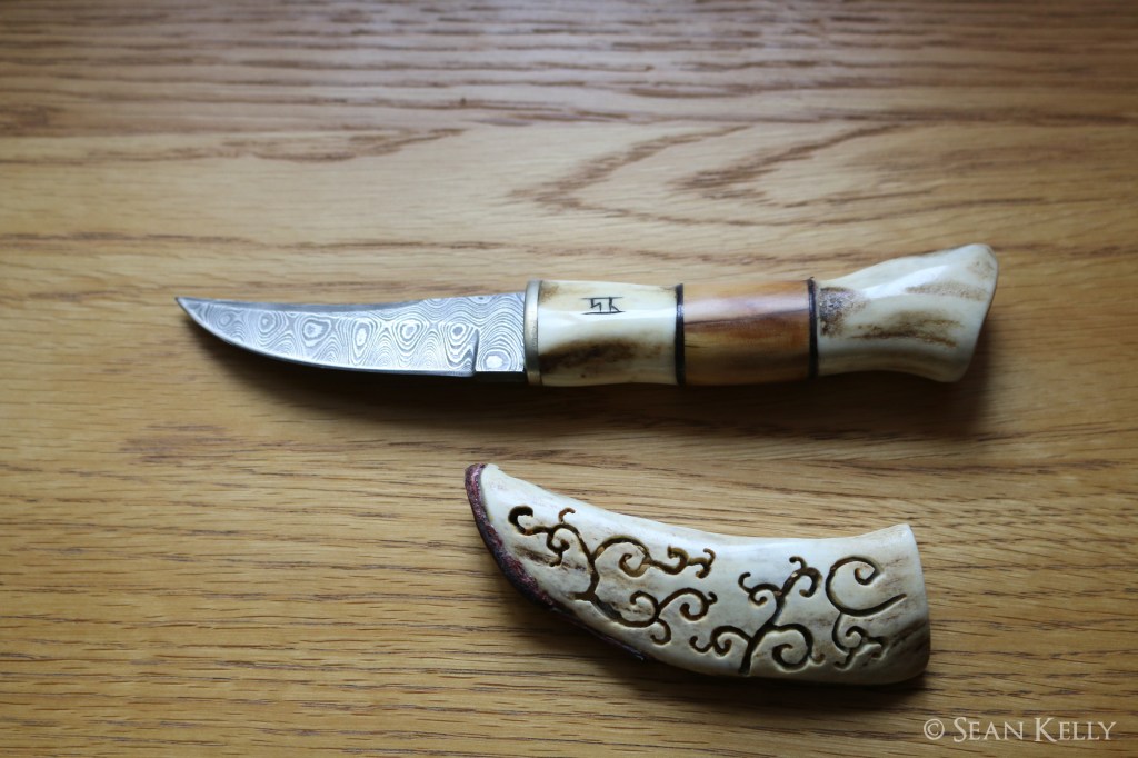 knife knifemaking damascus steel antler sami knifemaking yew runes carving bushcraft sean kelly odinns grove