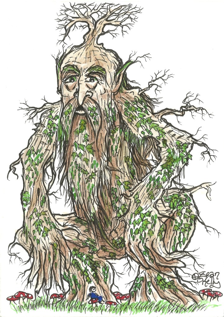 guardian ent tree treeman green man tree roots giant folklore paganism folk art fantasy illustration toadstools odinns grove sean kelly