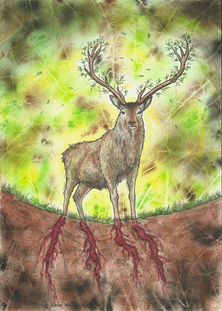 wilderness stag antlers deer pan cernunnos roots spirit animal trees woods forest pagan art shamanism mystical inks airbrushing fantasy art sean kelly odinns grove