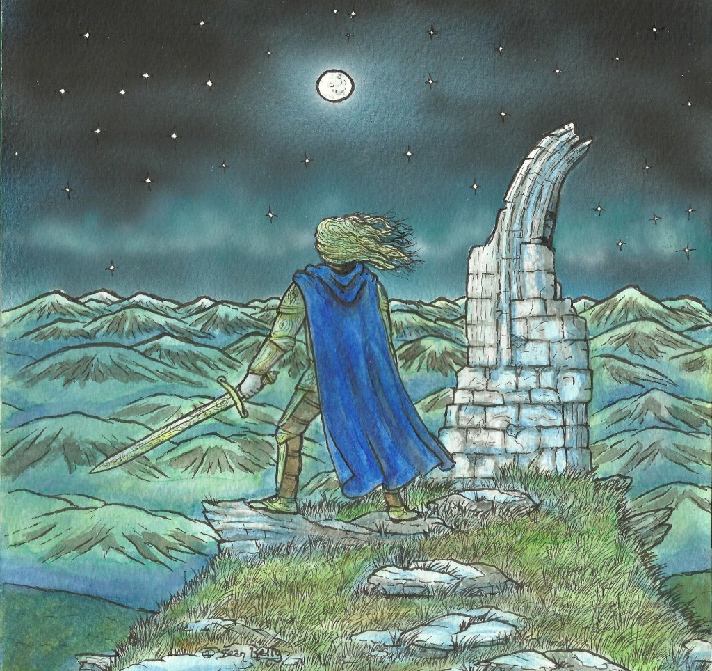 fantasy art aurora borealis northern lights ruins stone hero armour knight sword stars moon mountains winter sean kelly odinns grove