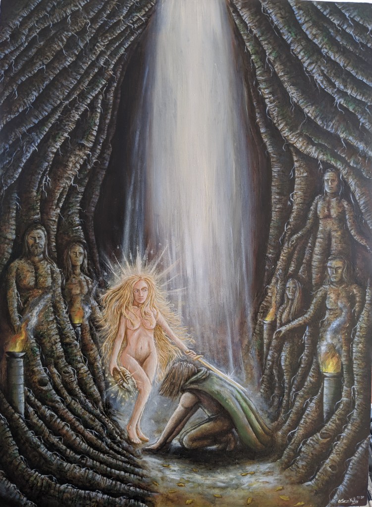 pagan mythic mythology fantasy hero heroic scene rite of passage ancestor worship hero worship rebirth reincarnation initiation ritual ancestors the cave trees roots sean kelly odinns grove