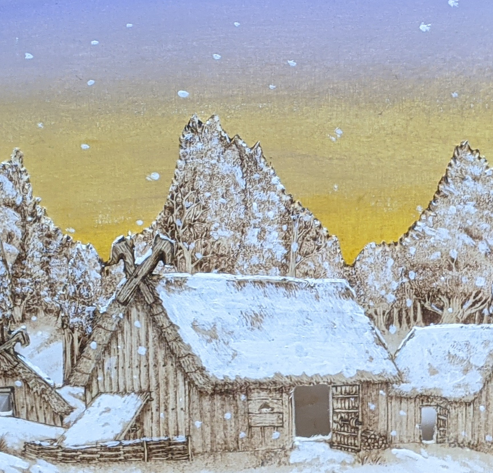 festive yuletide yule christmas xmas tealight display tealight holder in pyrography on plywood painted with acrylic based on anglo saxon village west stow in suffolk