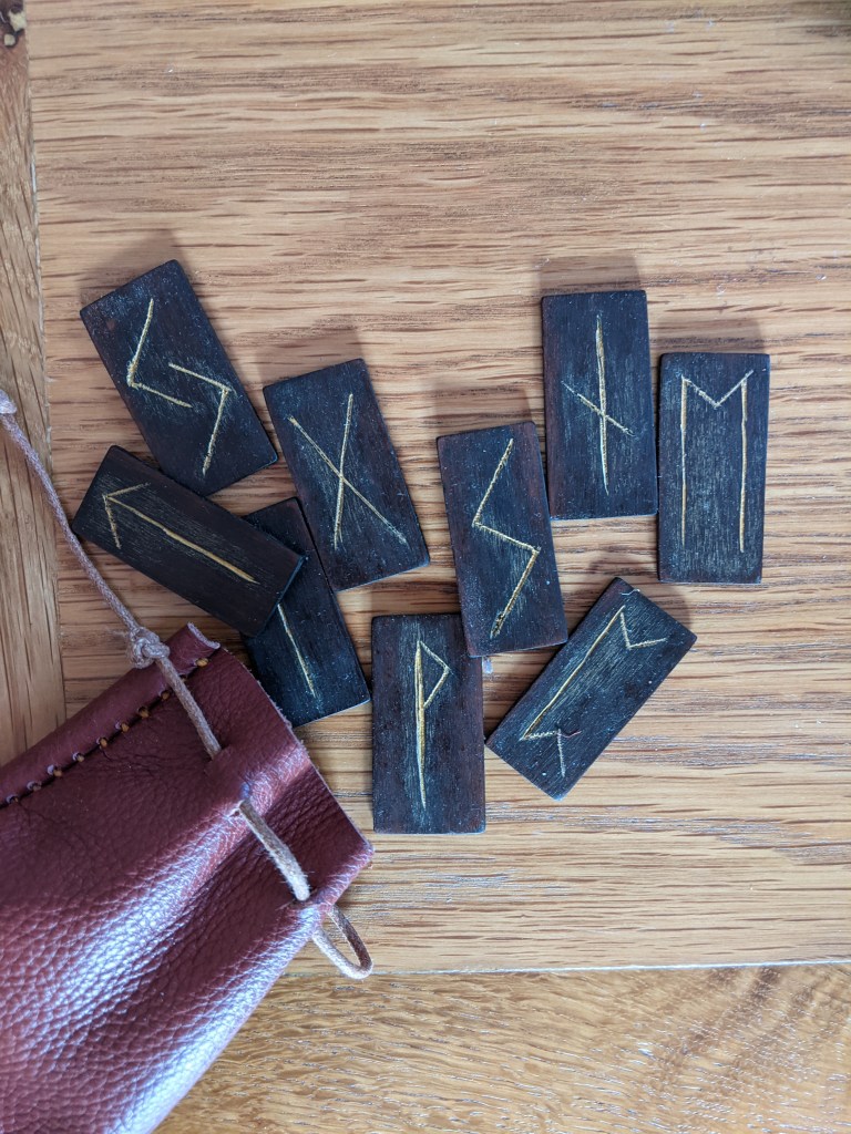 runes rune futhark divination handmade leather carving woodcarving ebonised walnut traditional folk arts crafts sean kelly odinns grove paganism shamanism ritual ceremony