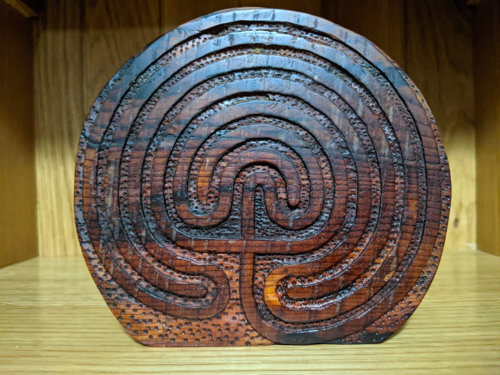 classical labyrinth ancient symbol pagan paganism initiation rebirth yew carving woodcarving relief carving plaque sean kelly odinns grove traditional folk arts crafts